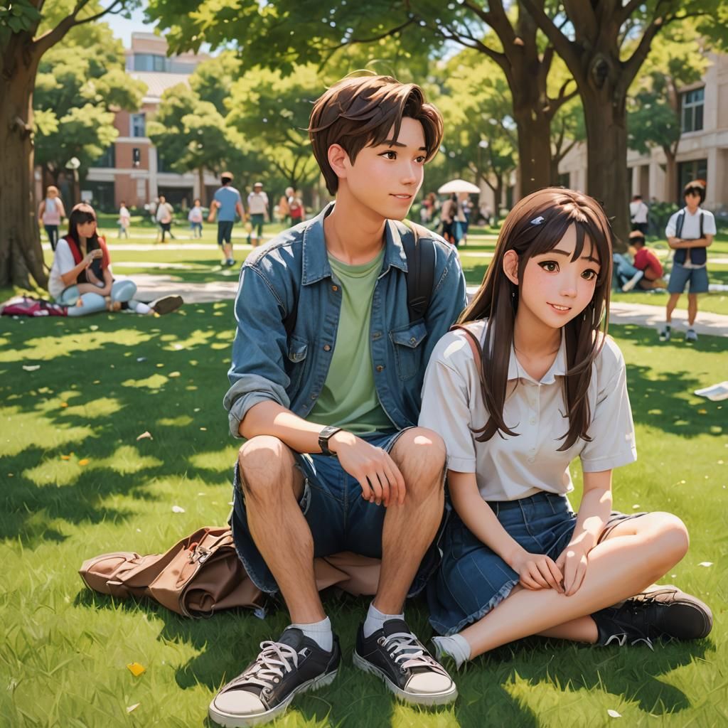 Close-up portrait of two college students on a campus lawn. ...
