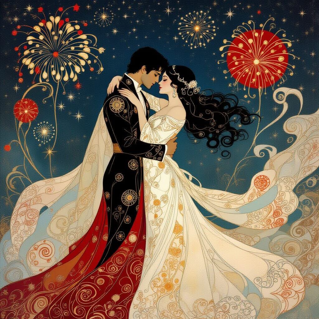 Two luminous, ethereal figures intertwined in a passionate, dreamlike embrace, glowing softly against ...  by @Doc_Braoque