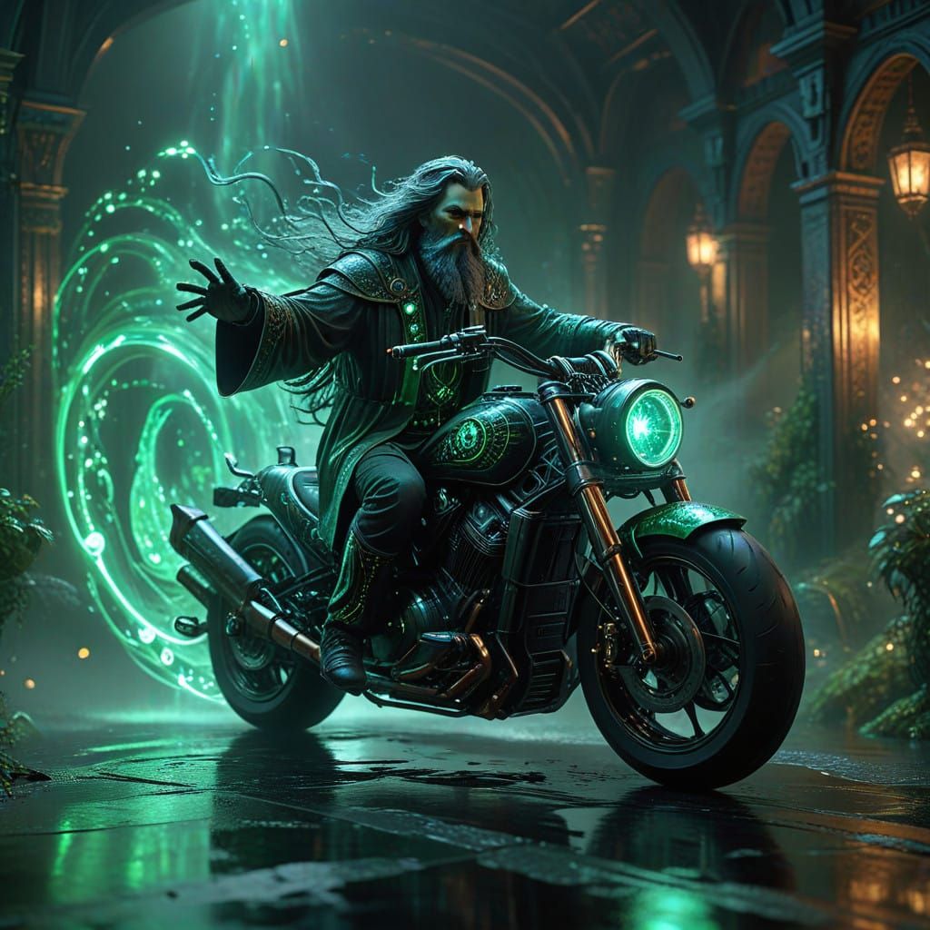 A wizard riding a futuristic motorcycle  by @TheBiSpy