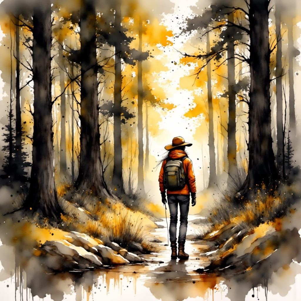 <lora:Experiment:1.0> Hyper realistic Watercolour. Hiker walking through a giant sequoia forest, golden hour light, chiaroscuro