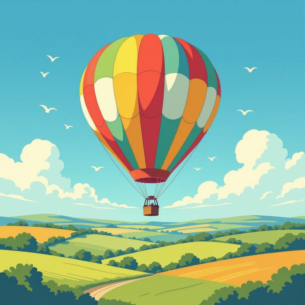 Hot Air Balloon Over Lush Countryside in Storybook Style