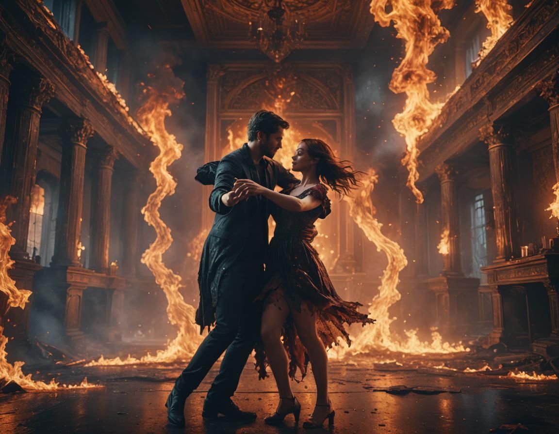 Two people slow dancing in a burning room.