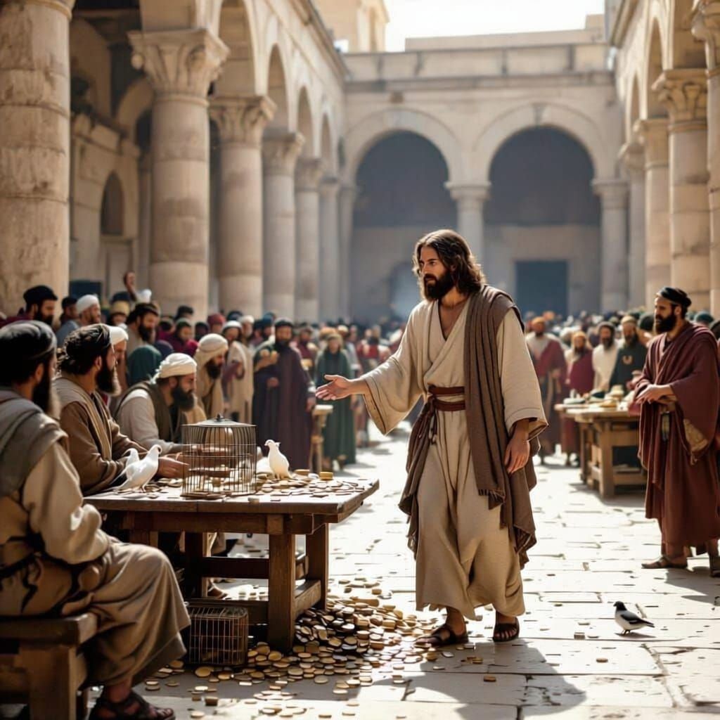 Create a dynamic, historically accurate scene of Jesus cleansing the Temple in Jerusalem during the Passover festival in the 1st century. De...