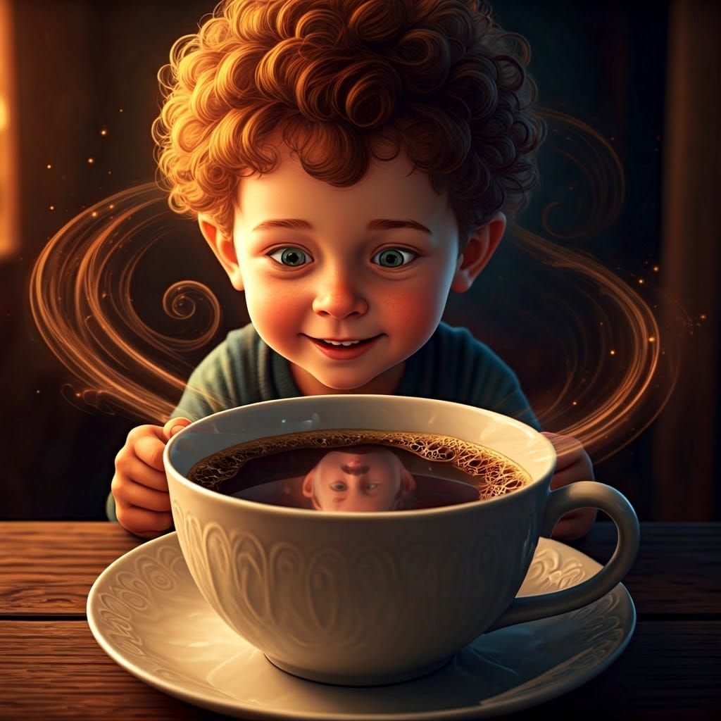Cherubic Boy Contemplates Mystical Coffee Reflection