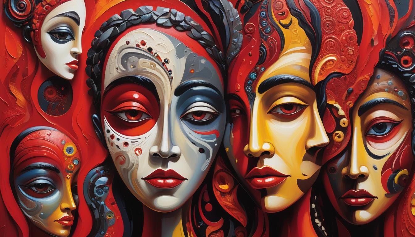 Abstract faces and whimsical pareidolia. Aboriginal art. surrealist art. Oil painting predominantly using ...  by @kamy