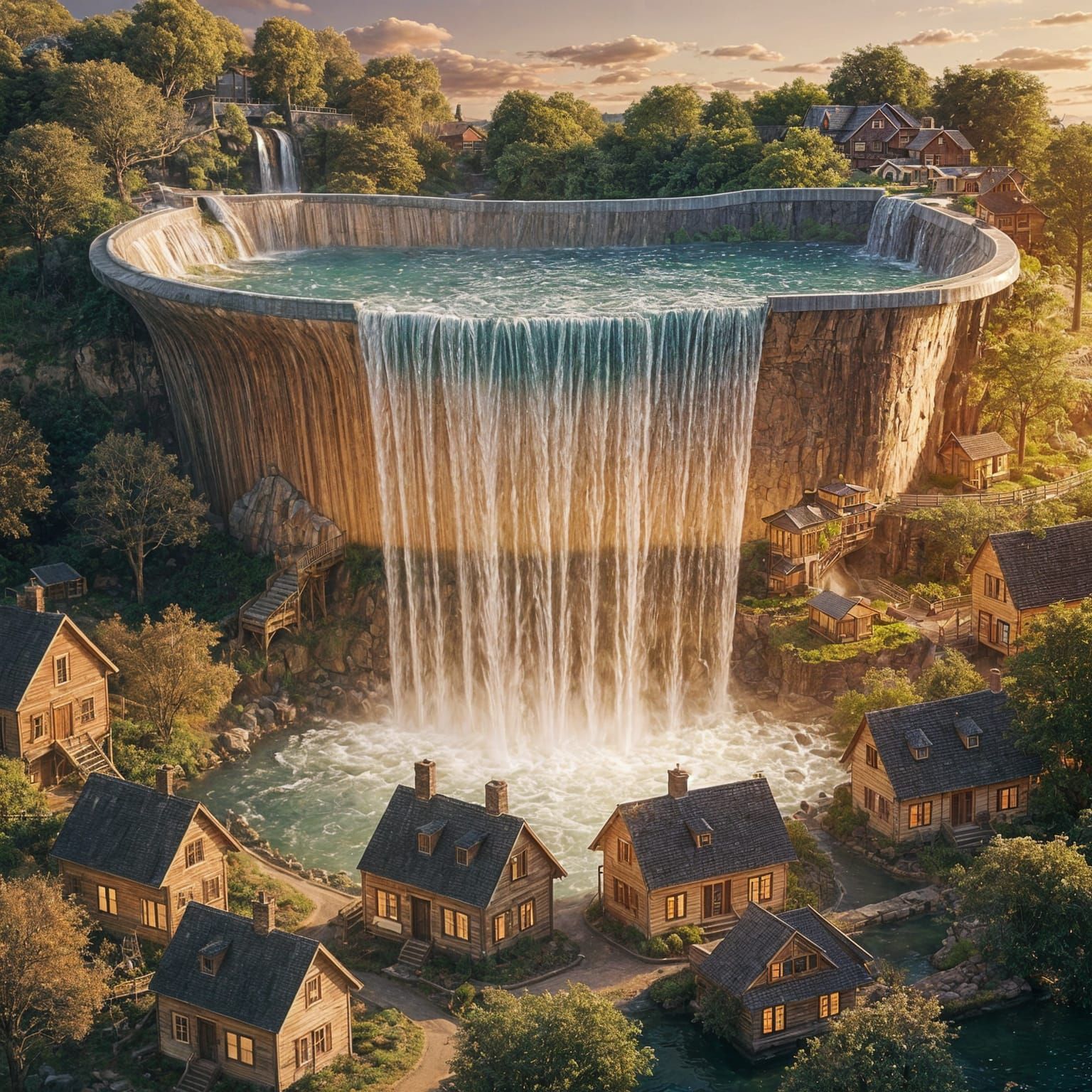 from a huge bathtub into which water is drawn from a tap, a waterfall flows out onto a small town with ...  by @Likvi