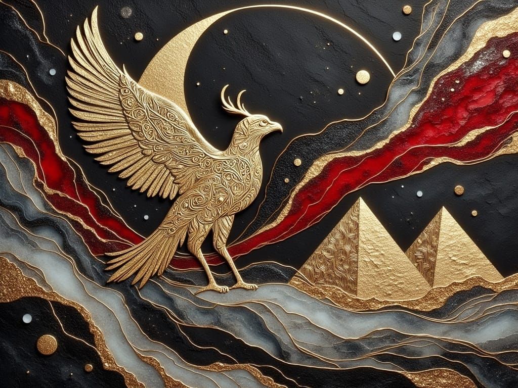 Egyptian Hawk and Pyramids  by @Fiona Etkin 1974 