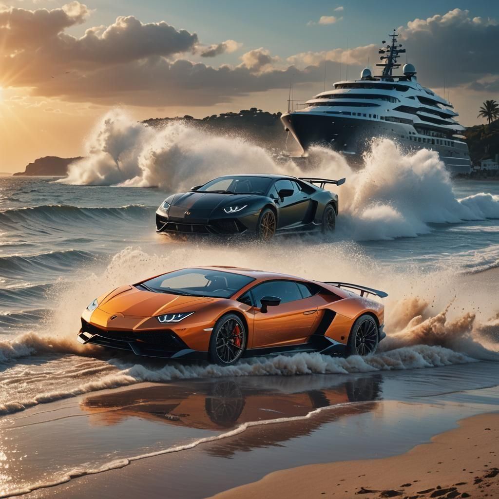 Lamborghini Supercar Speeding on Beach in Matte Painting