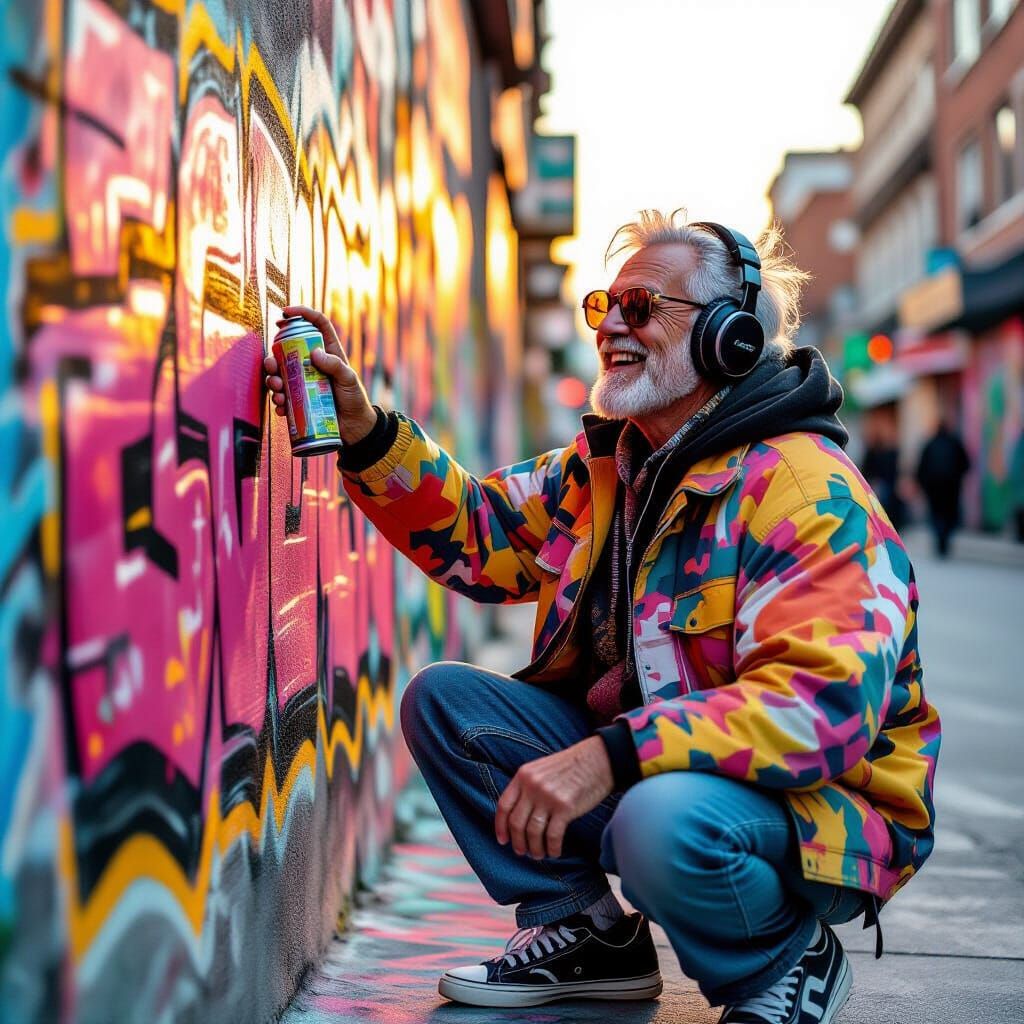 elderly man spray painting street art on a wall, headphones on, smiling, colorful graffiti, urban city ...  by @luis carlos saravia amaya