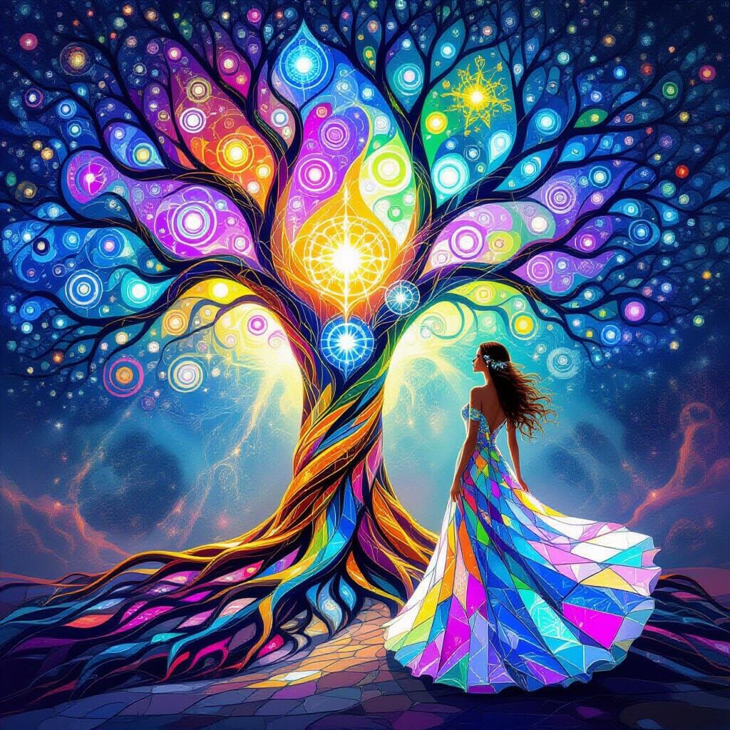 Tree of life psychedelic chakra crystals. 
Women standing next to it in a gown made of glass  by @Suzie Greenburg