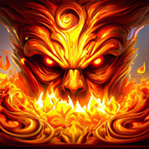 Fire pumpkin head with a scary face looking ahead
