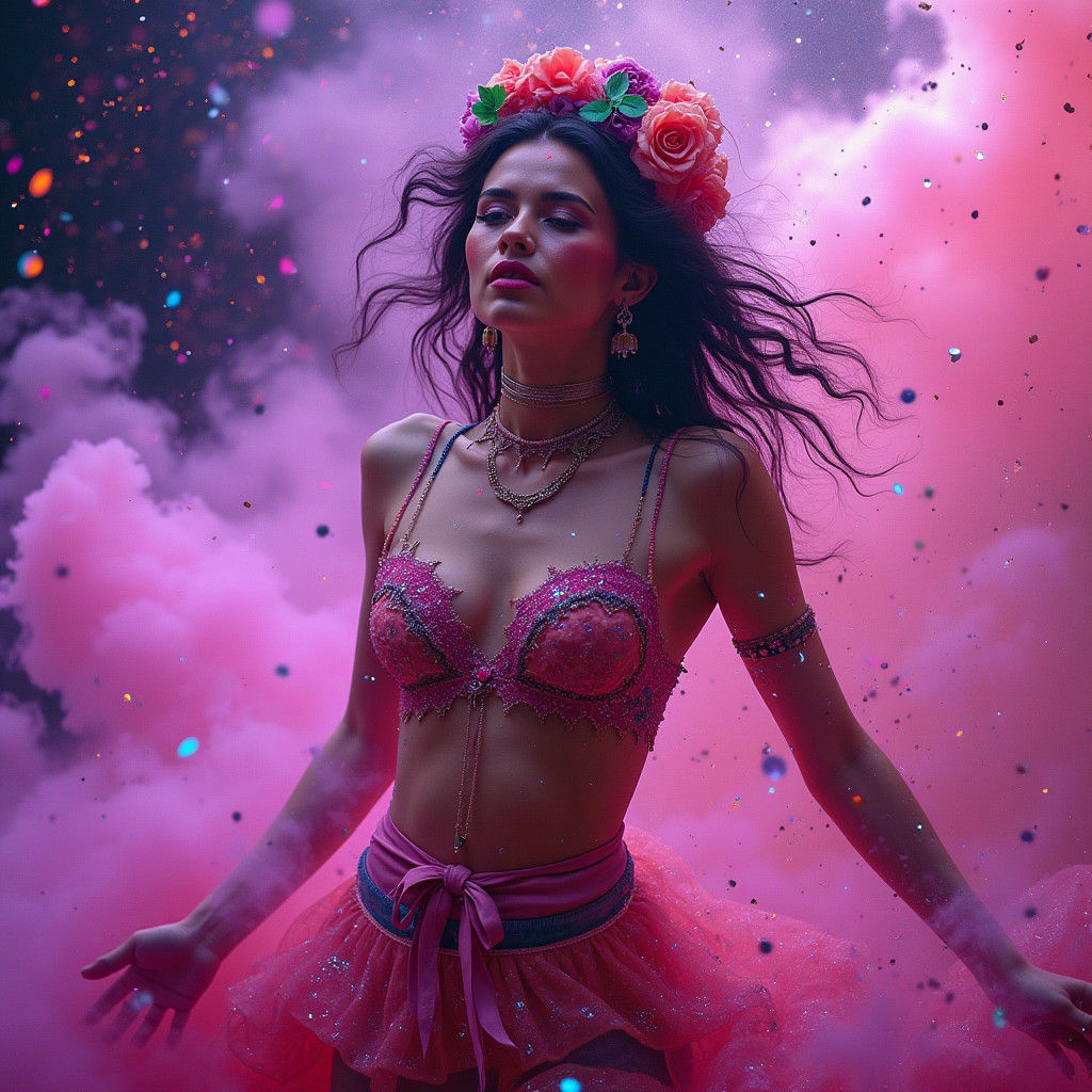 Dancing Woman in Swirling Neon Stardust, Expressive Art