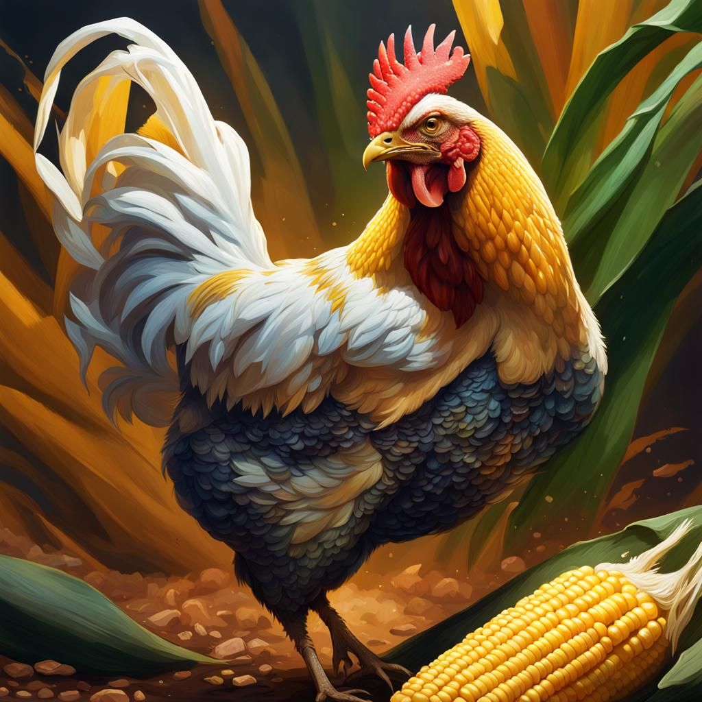 Chicken eating corn