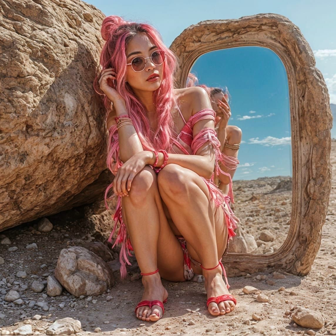 Next to a rock in the desert