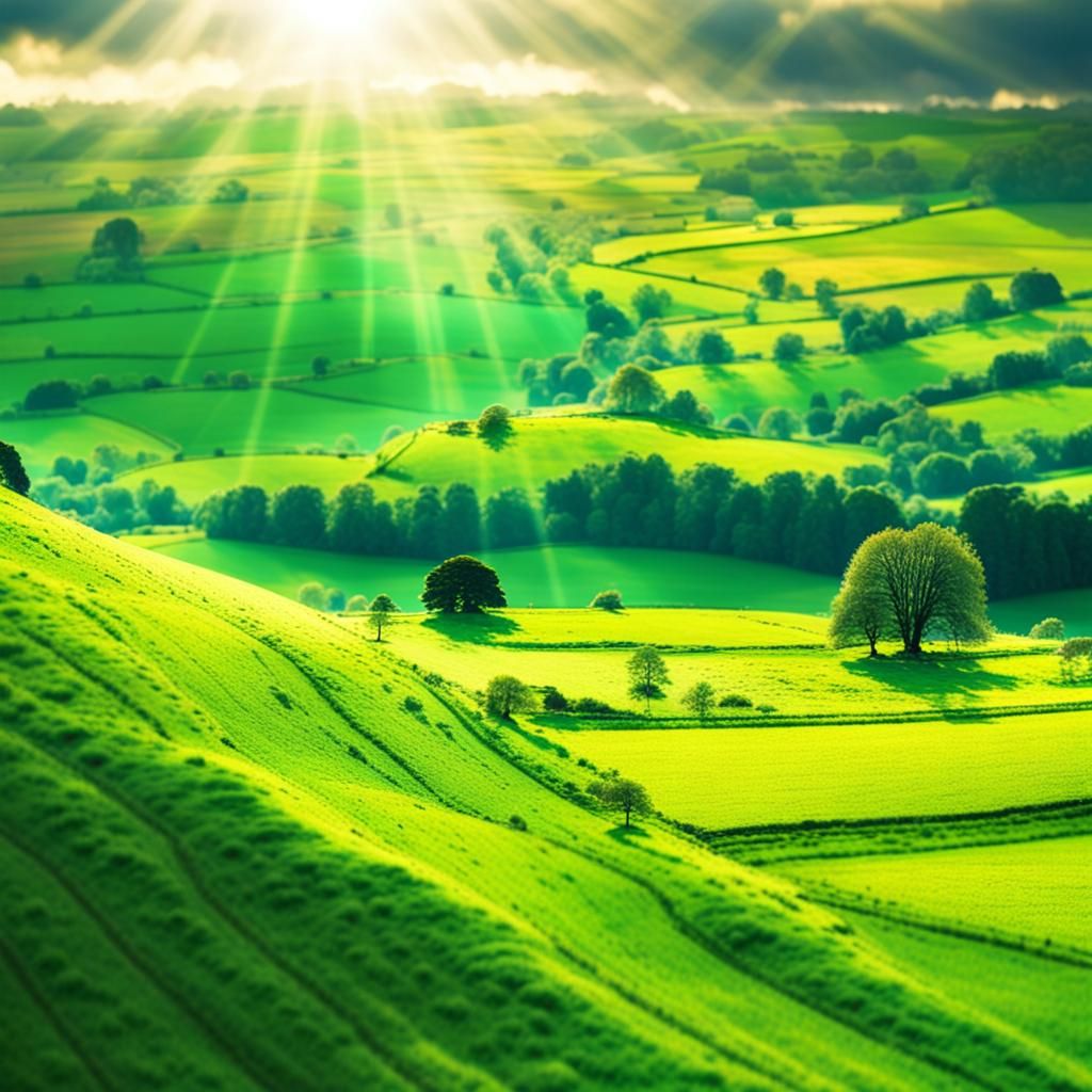 The Green Fields of Ireland heavenly sunshine beams divine b...