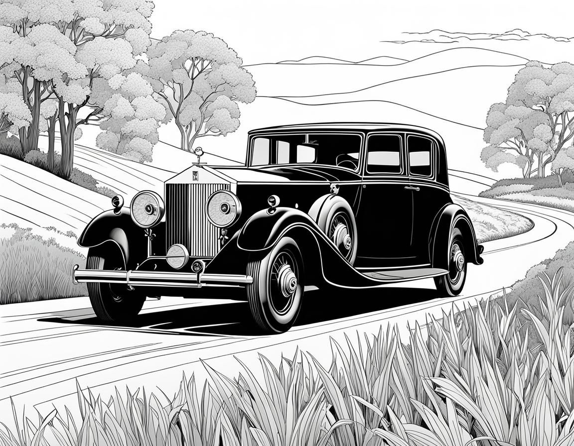 "((a coloring page of 1930's Rolls Royce ,diving in the countryside