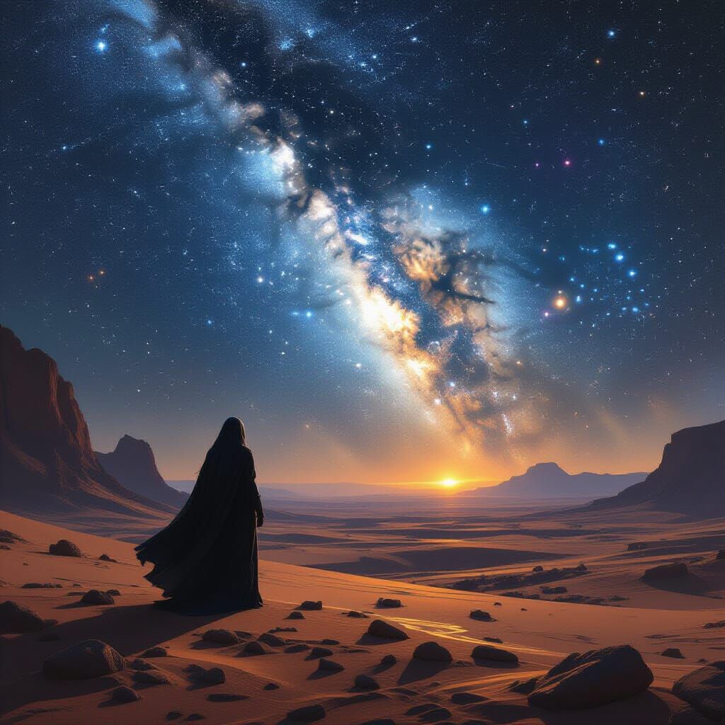 A lone female figure, cloaked in starlight, stands on a desolate, alien planet, gazing at a nebula. The landscape is barren but etched with ...