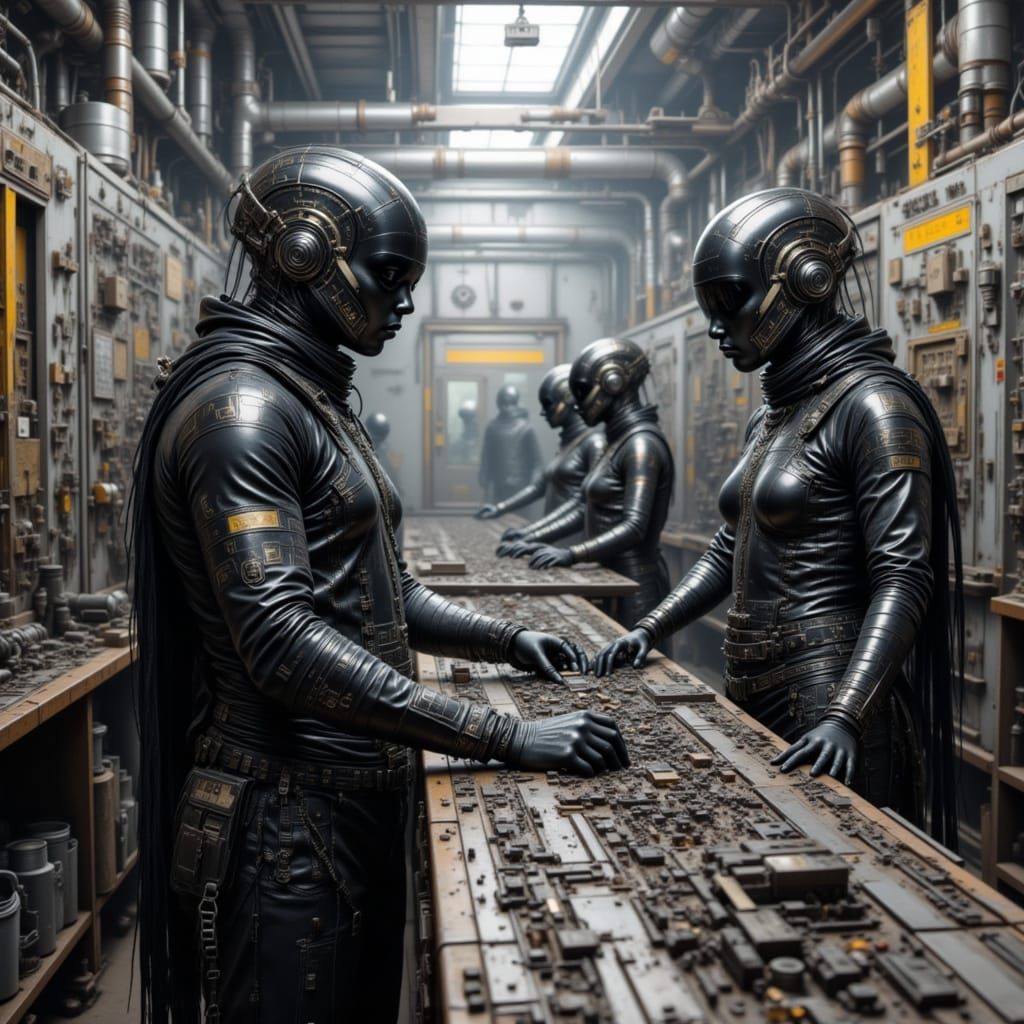 Futuristic Factory Drones in Black Latex Attire