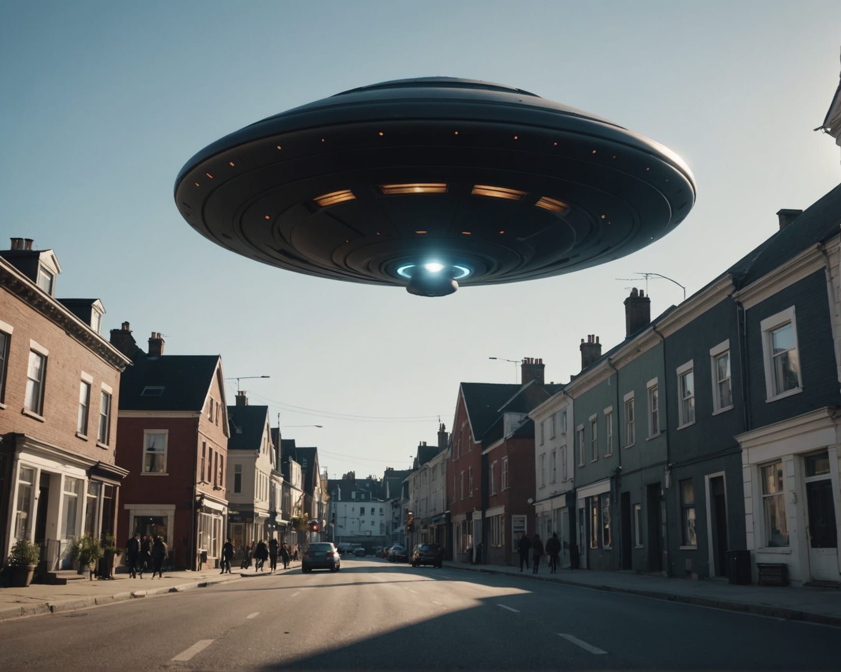 Low angle shot. Conceptual art. A massive UFO, about 50 feet wide, hovers over houses on a busy urban street, as panicked pedestrians run. L...