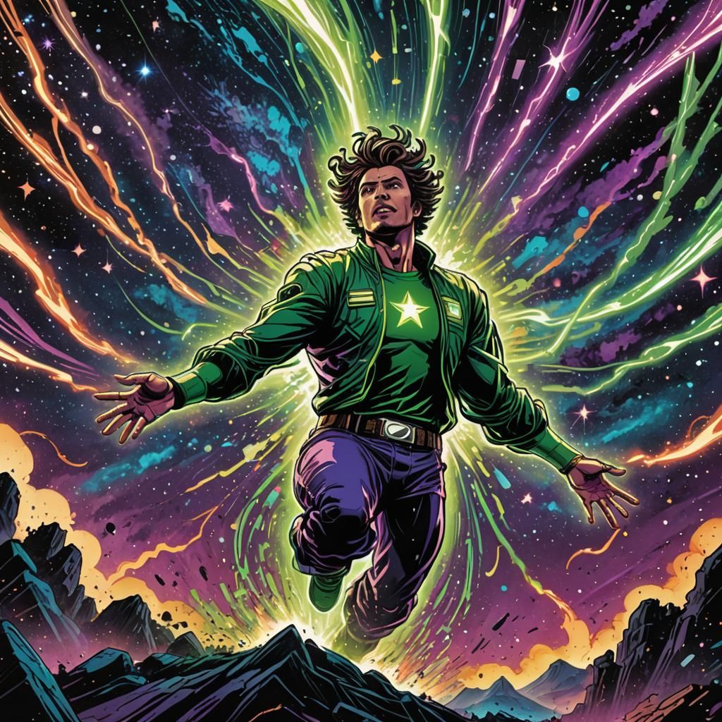 Cosmic Figure Amidst Falling Stars in Comic Art