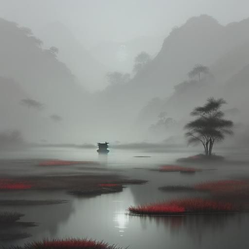 Ethereal Ink Painting: Figure by Misty River