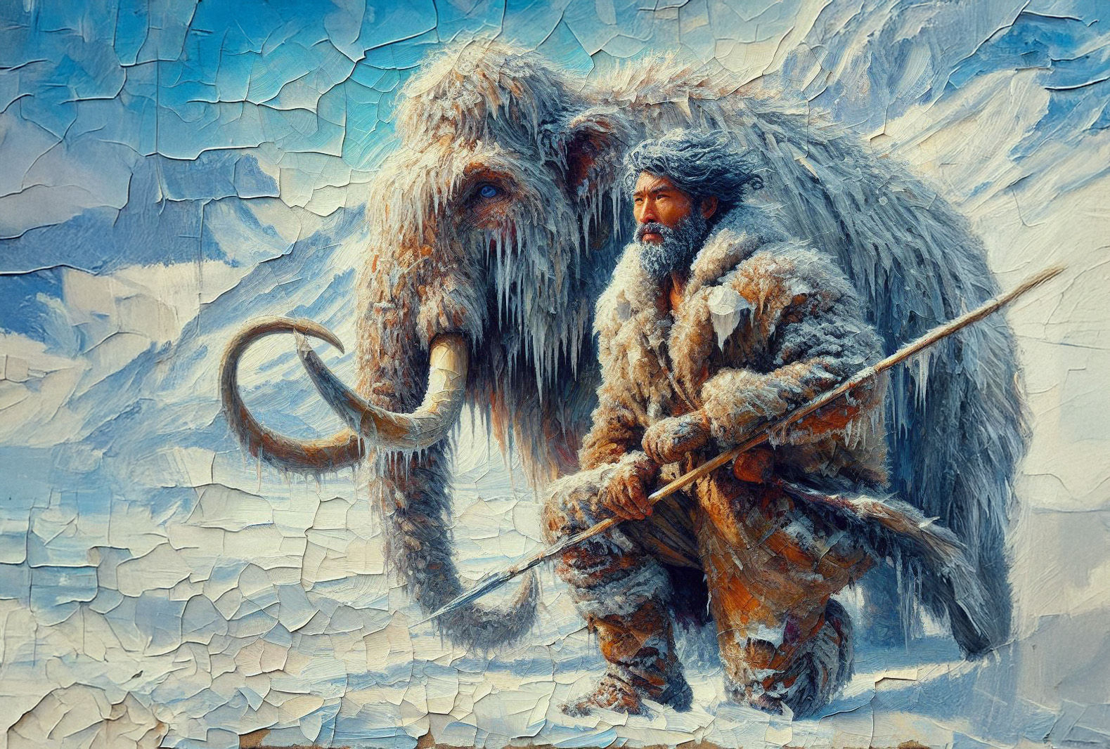 Prehistoric Encounters: Caveman and Woolly Mammoth (1)  by @Fiona Etkin 1974 