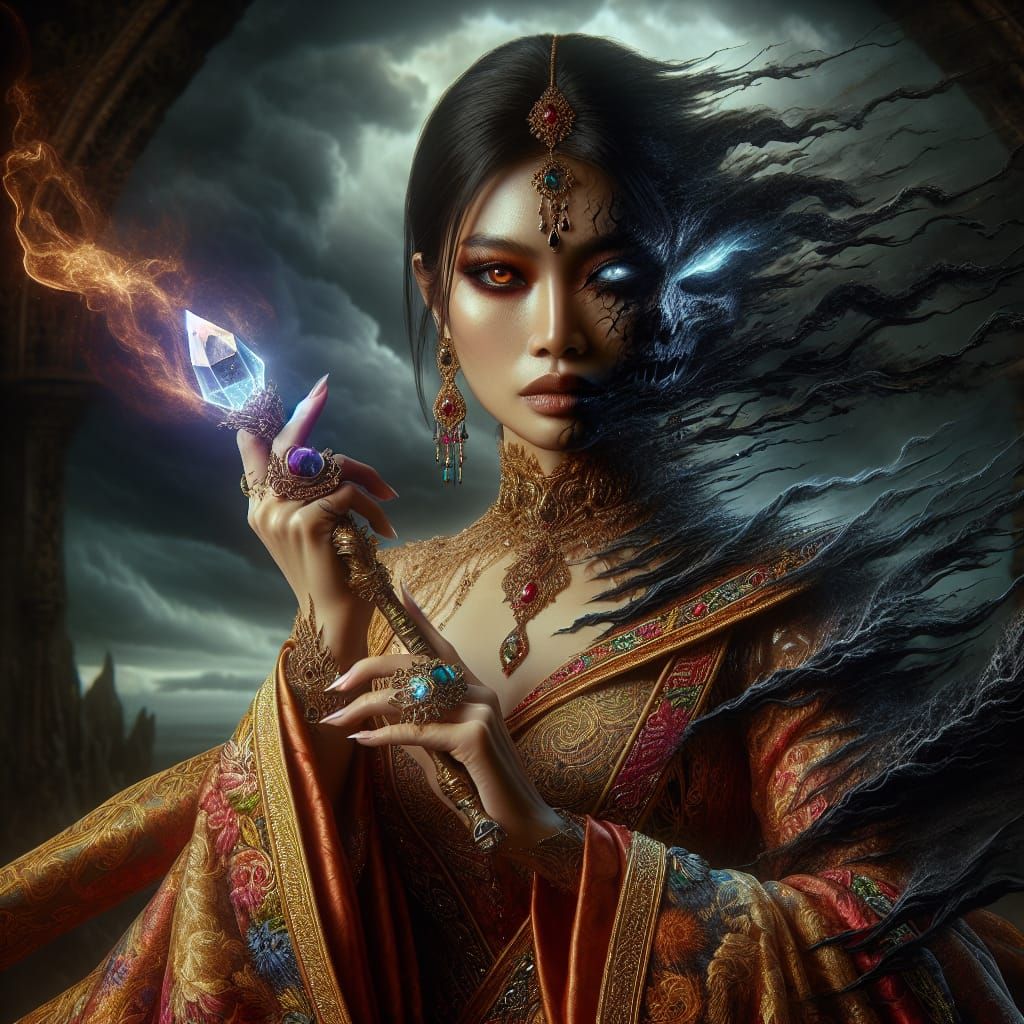 Hyper-realistic beautiful portrait of a female mage slowly b...