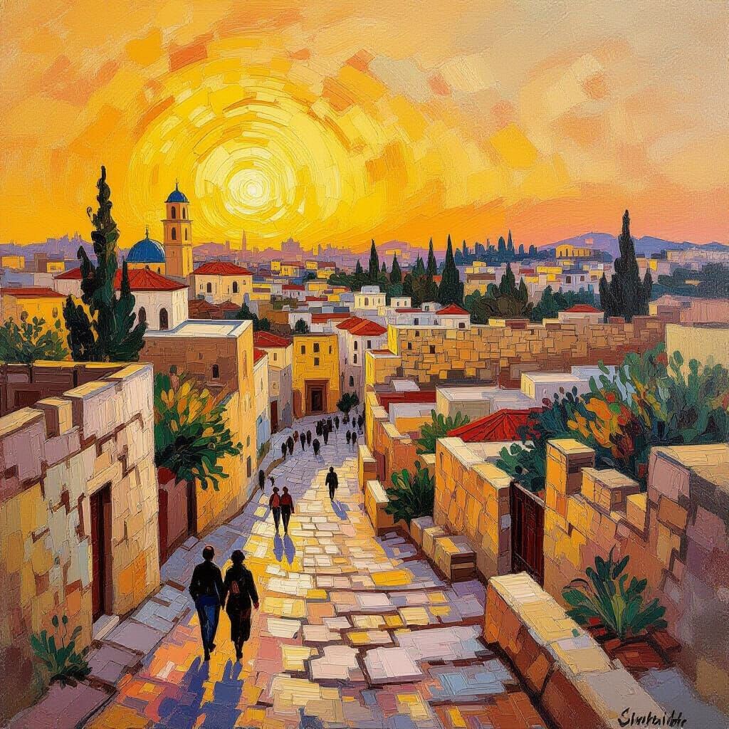 Jerusalem Sunrise: Neo-Impressionist Expressionist Painting
