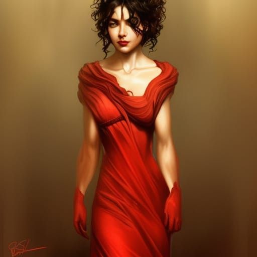 A woman with short curly dark hair. Deep dark brown eyes. St...