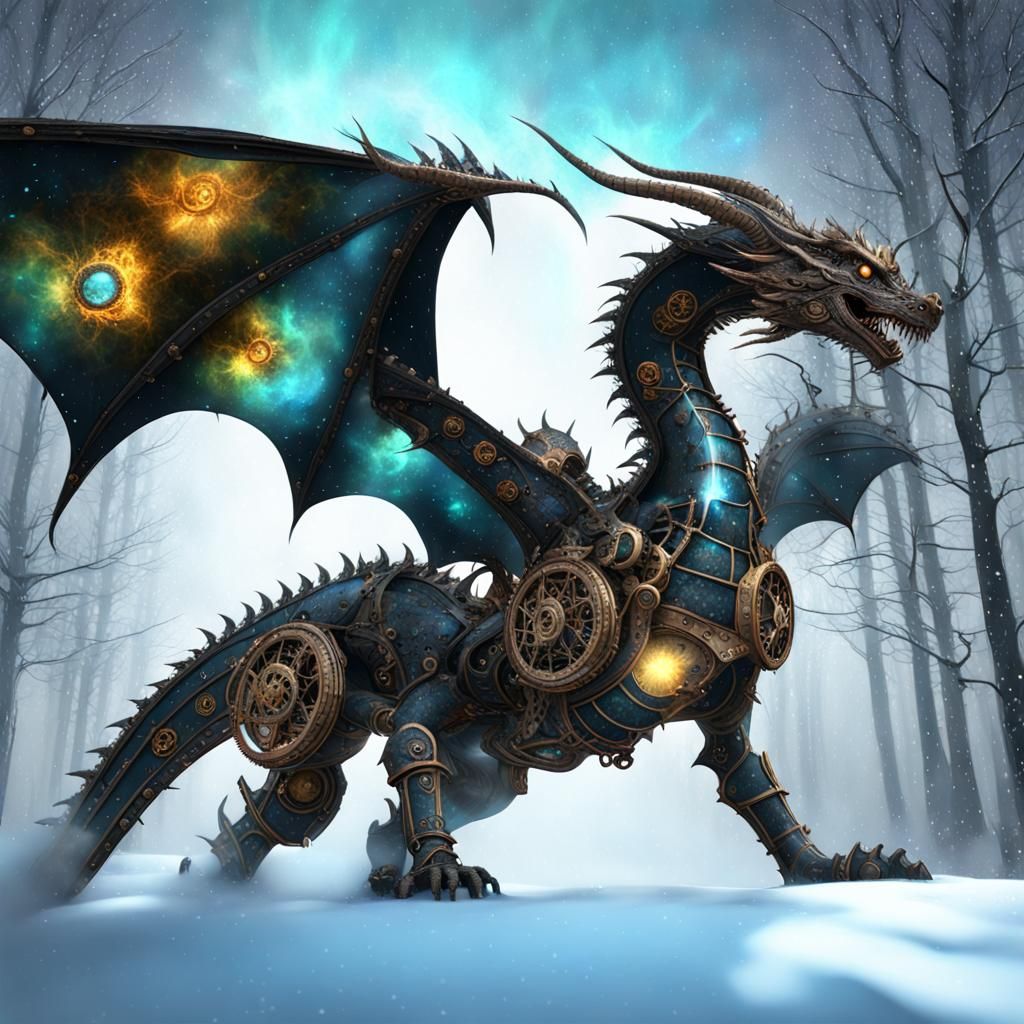 Steampunk dragon in a winterstorm  by @Arrioch