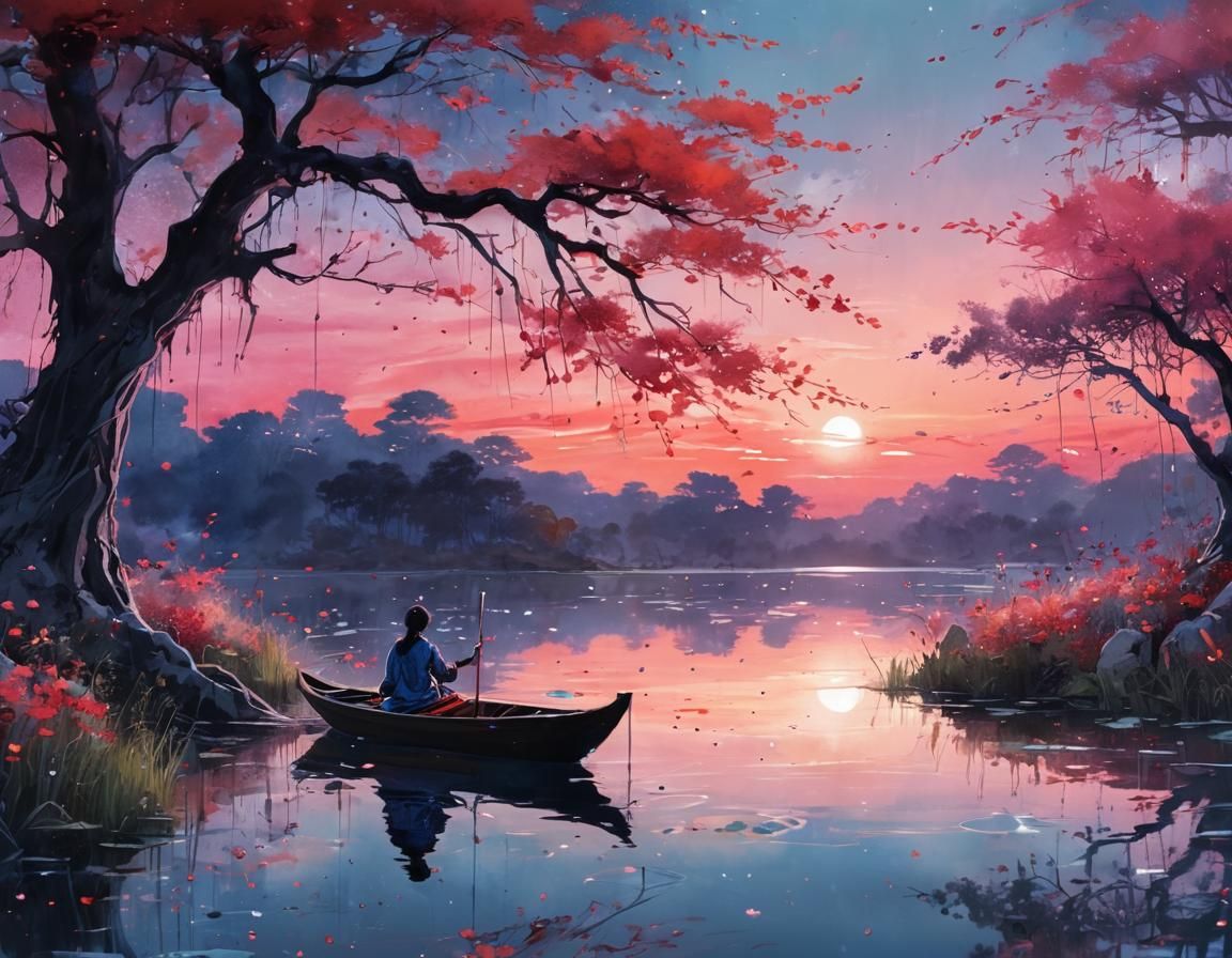 vibrant hues, lake glade at nighttime, shimmering waters, dreamy, beautiful, shadows, flowers, moonlight, fading reddish sky, translucent, f...