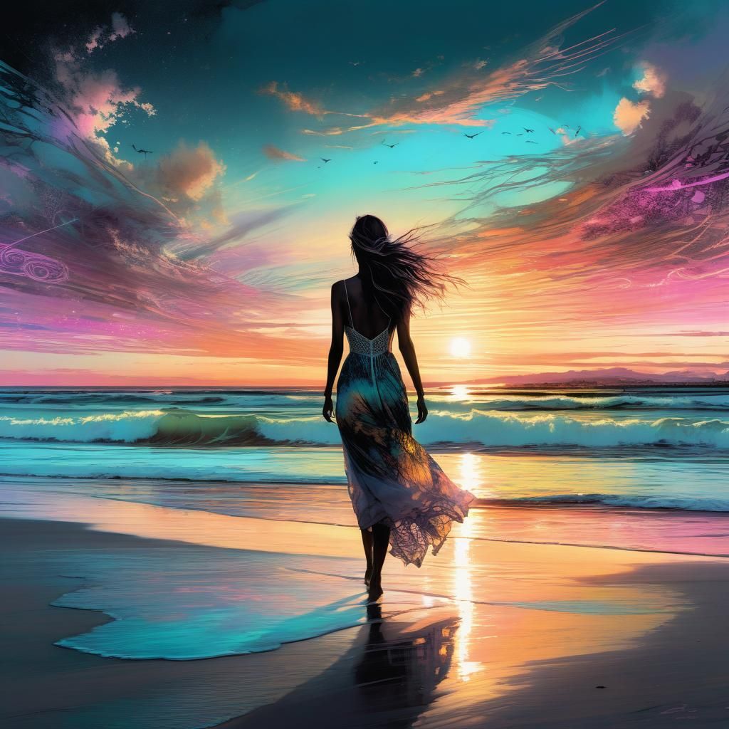 The Setting Sun on the Beach