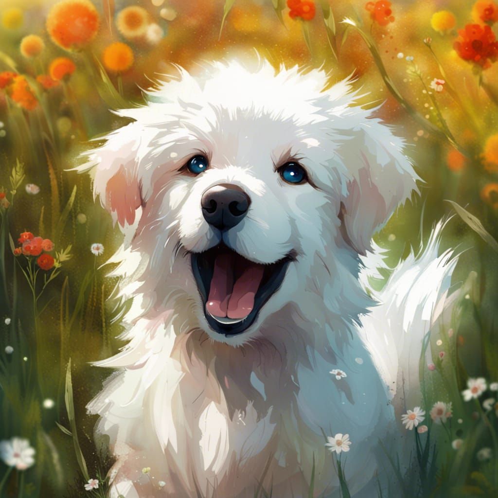 Adorable, cute anime portrait of a happy puppy playing in a flower field -  AI Generated Artwork - NightCafe Creator
