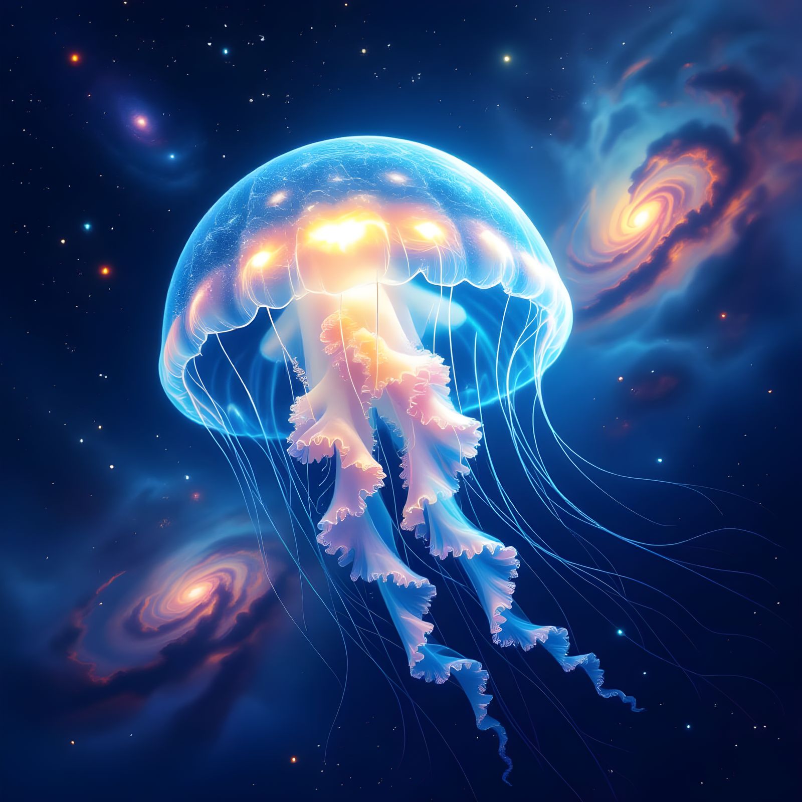 Bioluminescent Jellyfish Drifting Through Deep Space