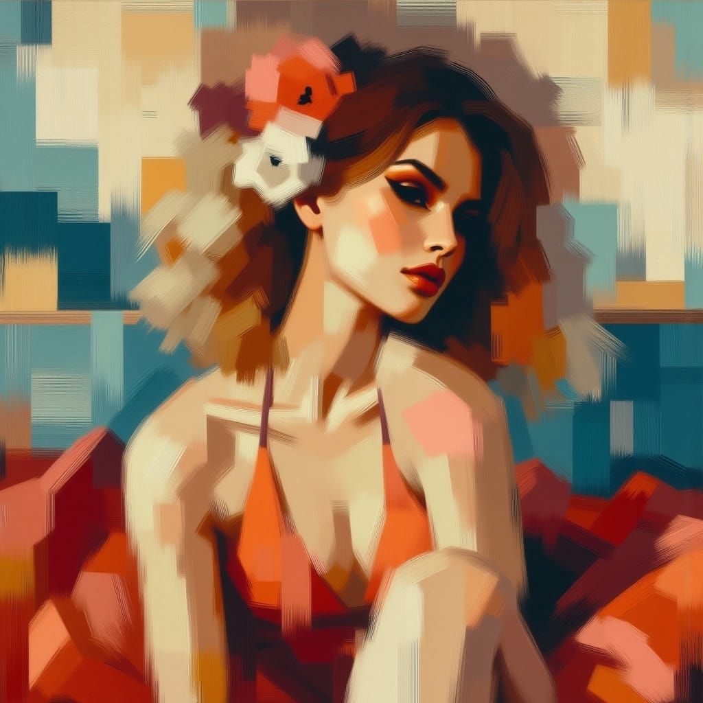  <lora:MidnightOil:1.0> beautiful modernist oil painting of a naturist German woman 