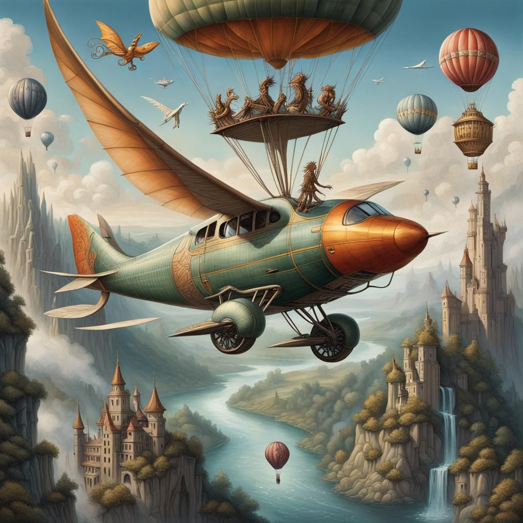 Whimsical scenes featuring fantastical flying creatures, suc...