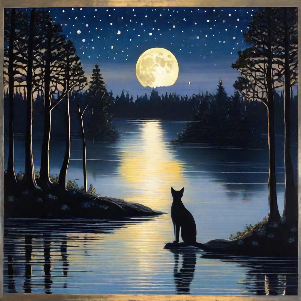 "Watercolor illustration of a cat sitting in a forest in front of a lake on a starry night. The cat is ...  by @GaboMtyOne