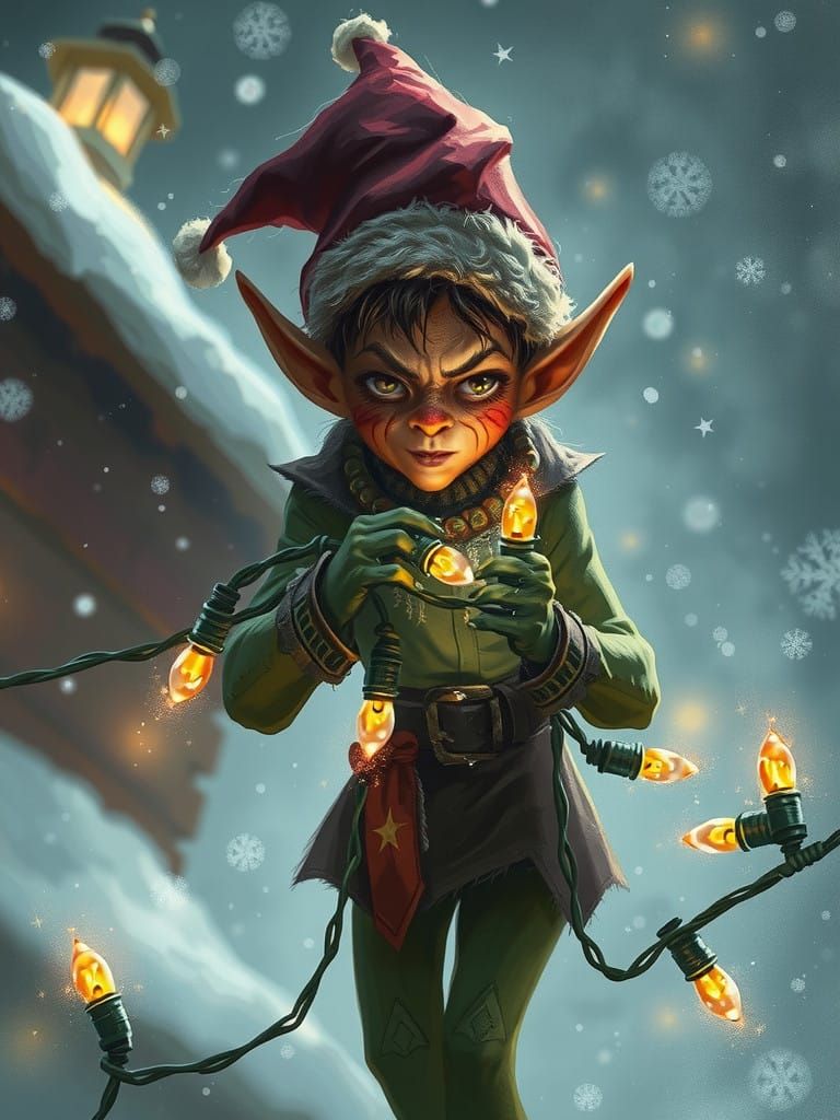 A mischievous Christmas Elf tangling up a strand of Christmas lights  by @Queen_Asha