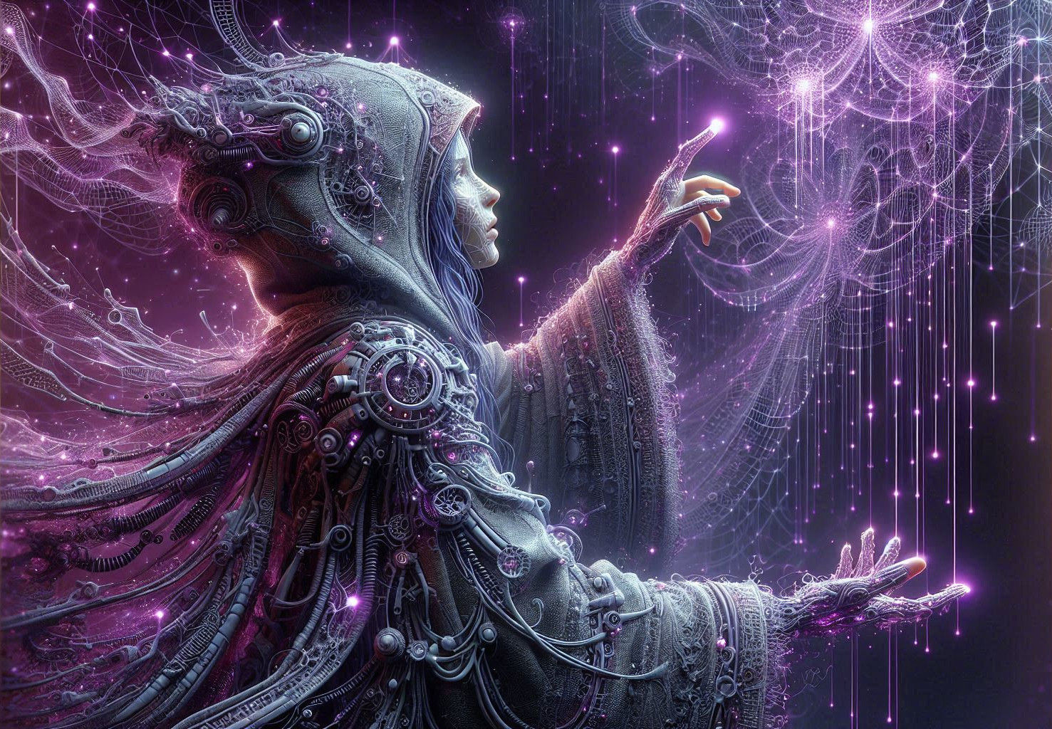 Hooded Female Shaman in Biomechanic Purple Robe