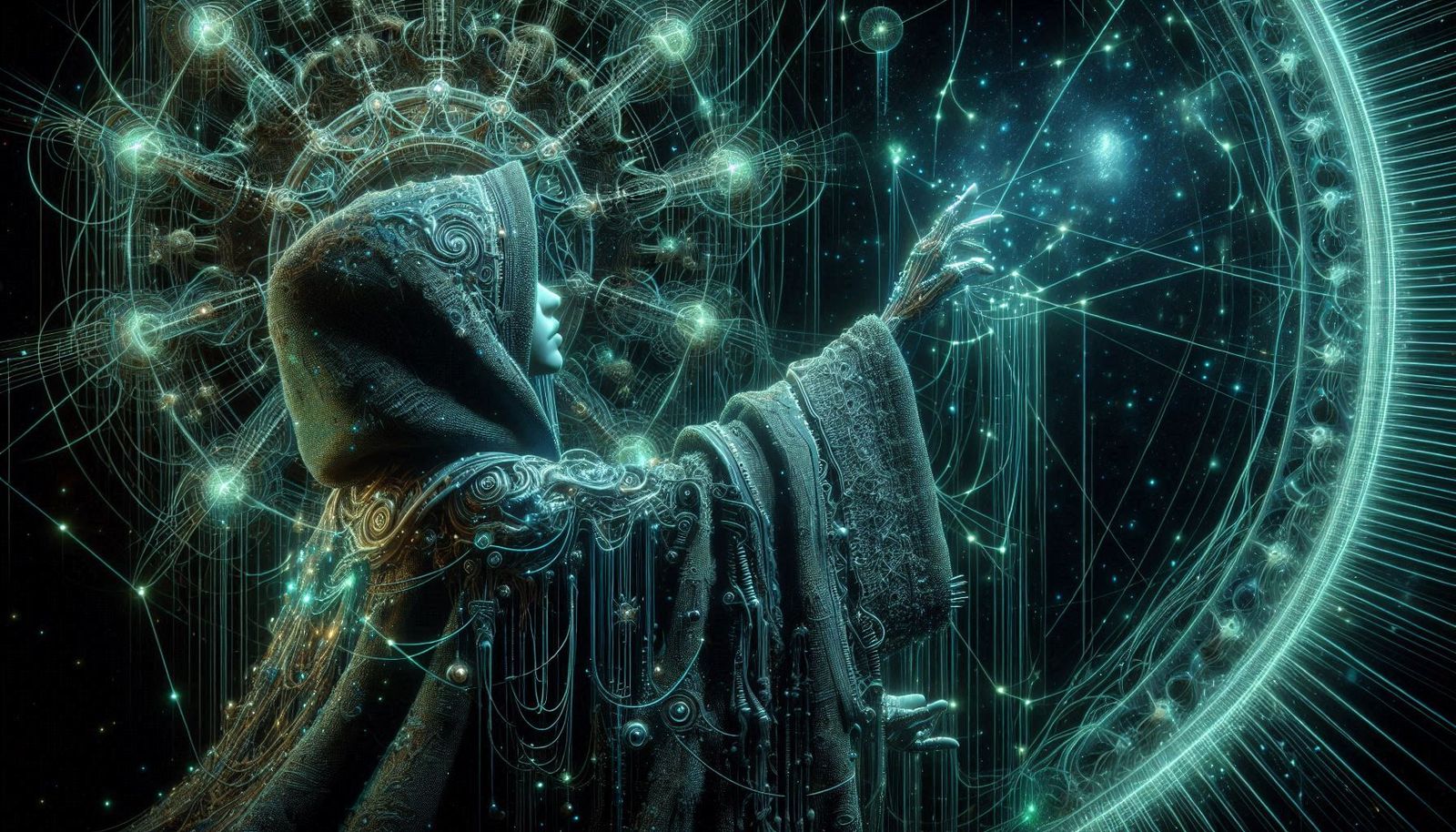 Hooded Female Shaman in Biomechanic Green Robe