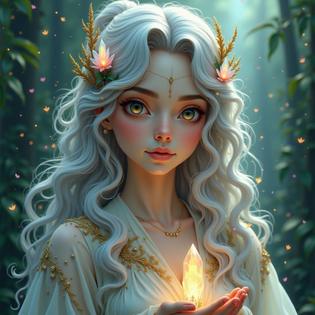 <lora:Gaias Helpers:1.0> A regal woman with shimmering, silvery hair cascading to her waist, her eyes glowing faintly with iridescent hues....