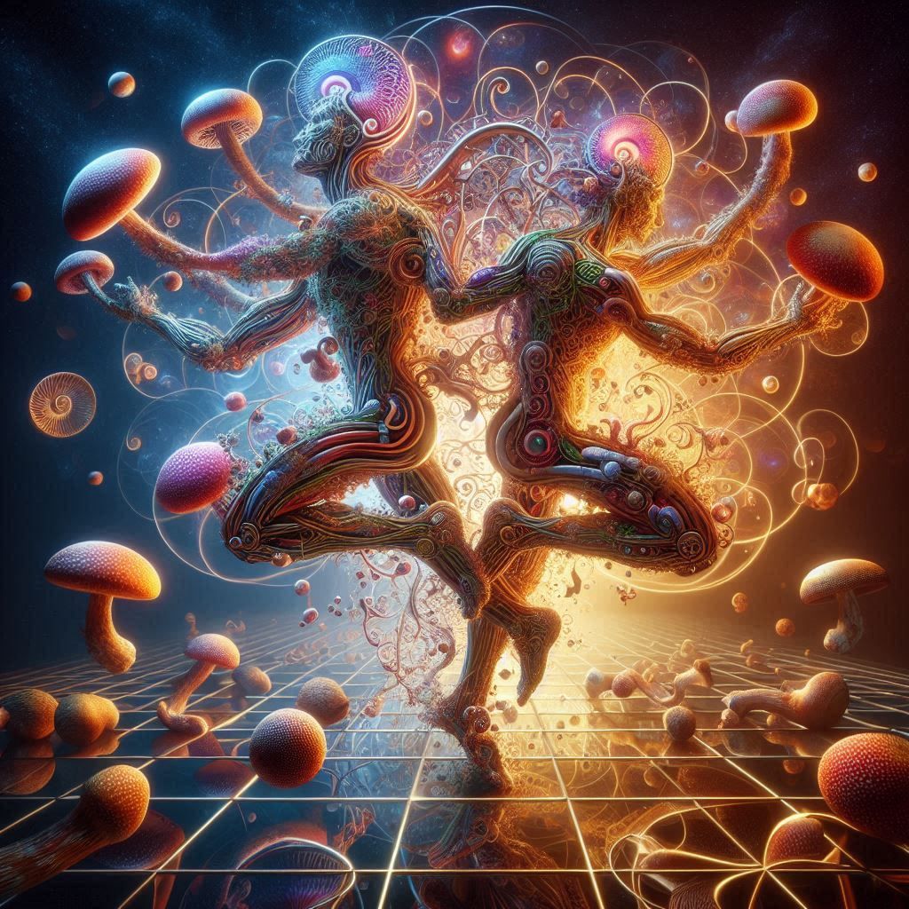 Crazy Mushrooms Wrestling, surrounded by a Labyrinth of ligh...