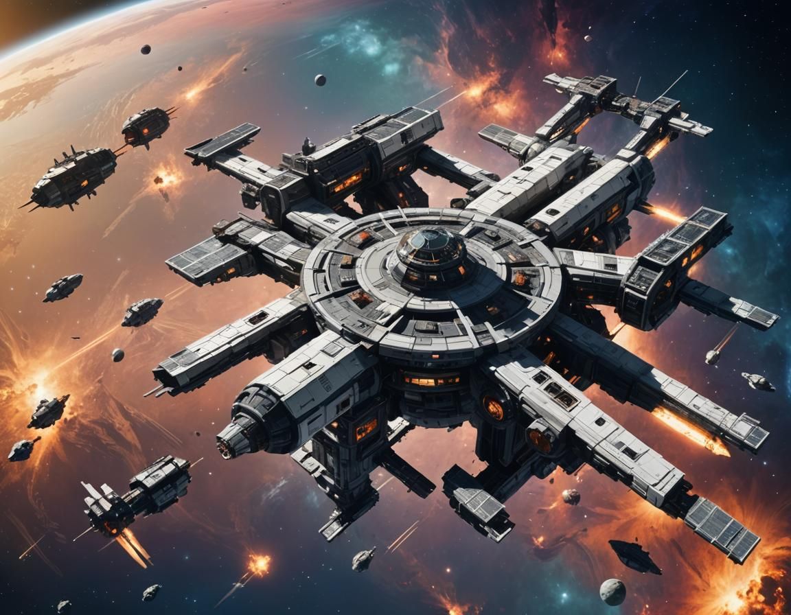 Sci-Fi Space station on the edge of a galaxy blockaded on bo...
