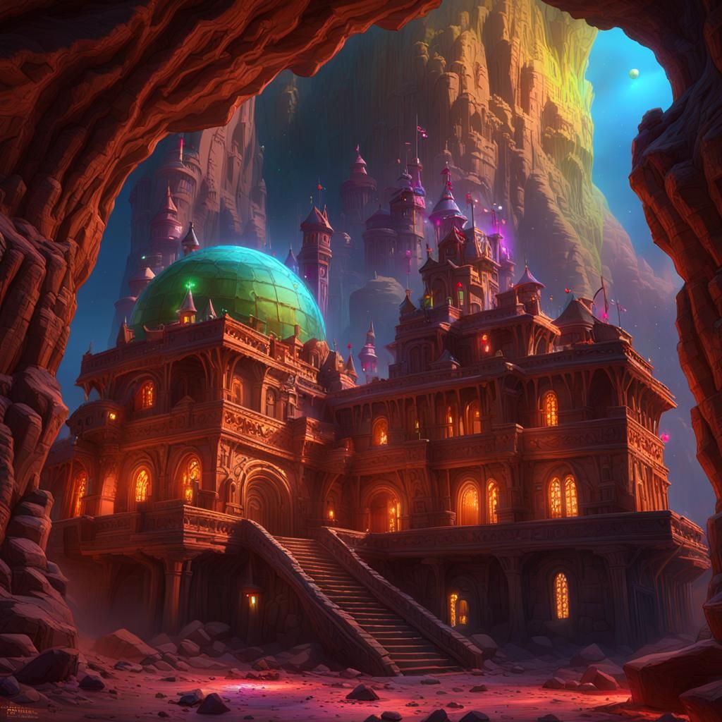 Beautiful martian castle with coloful jewels red, blue, gree...