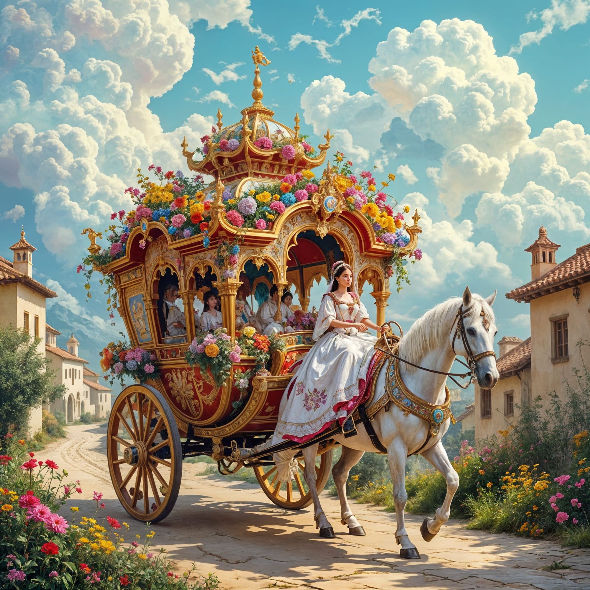 A fantasy royal carriage in the shape of a palace, filled with colorful flowers, is carried by a girl in traditional dress on a white horse ...