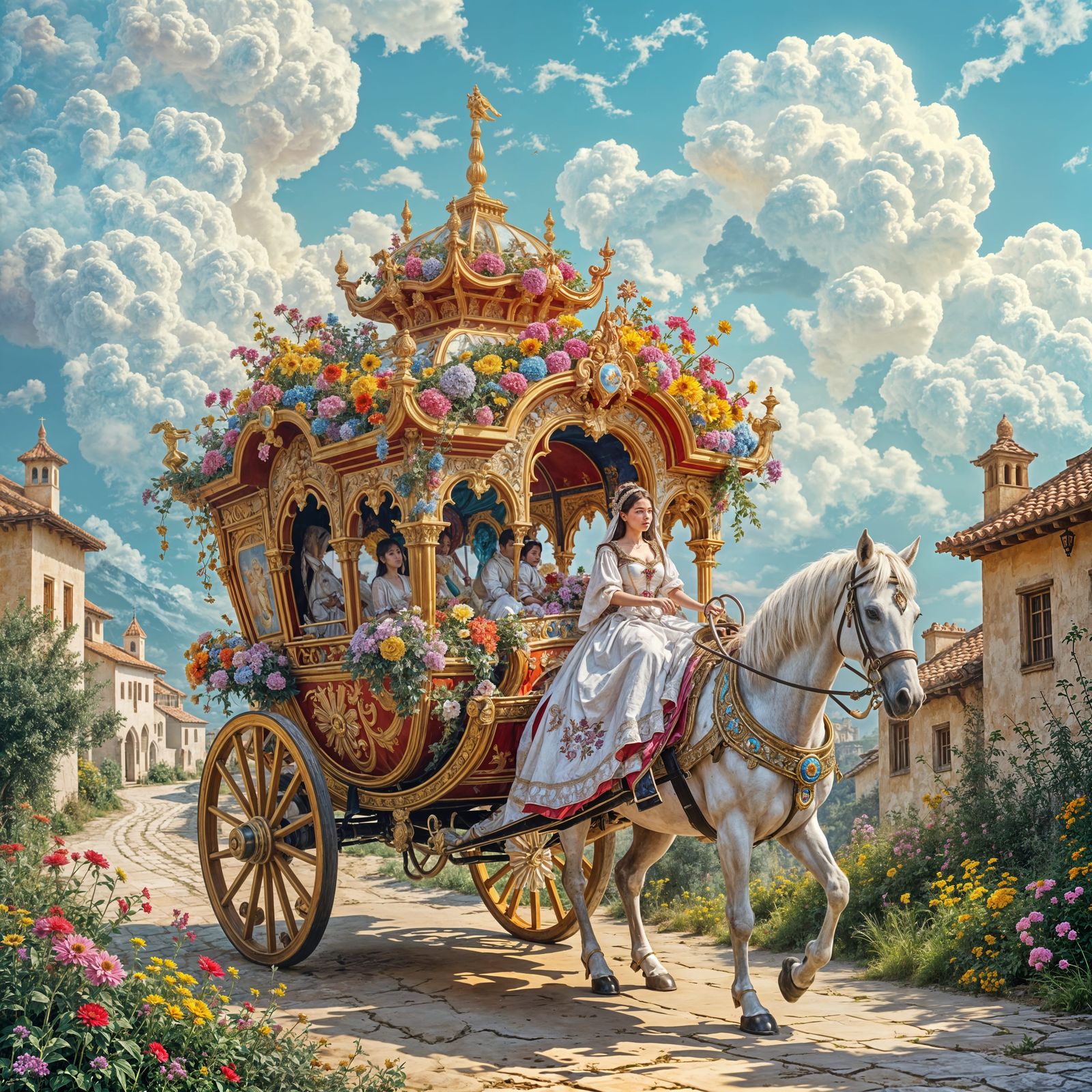 A fantasy royal carriage in the shape of a palace, filled with colorful flowers, is carried by a girl ...  by @Naghshe Jahan