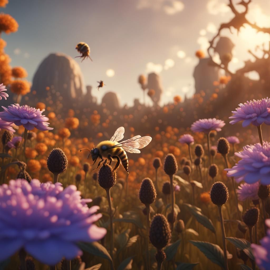 A small bee living in a field with giant flowers