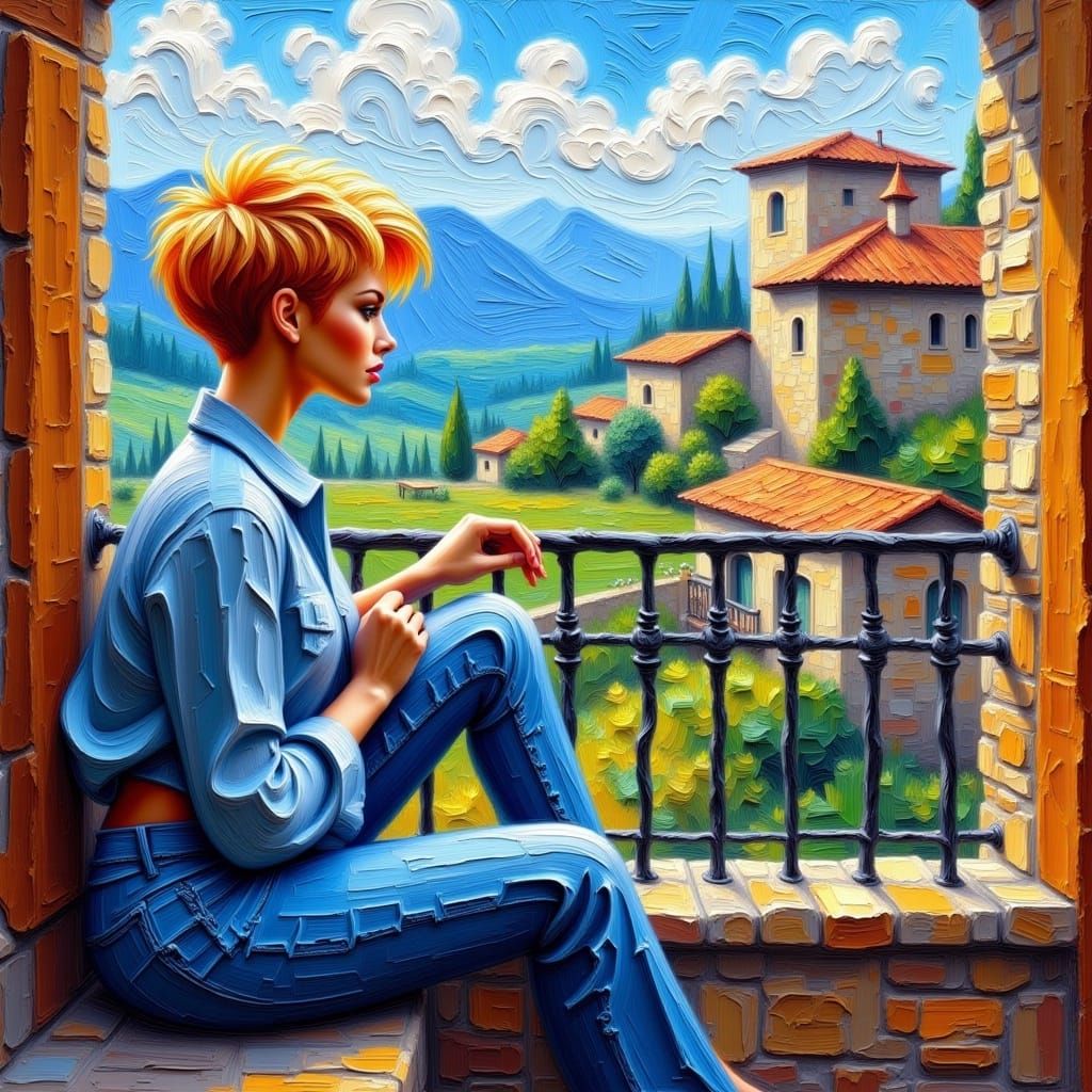 <lora:Impasto Painting Fx:1.0> a stunning woman sitting on the balcony overlooking the village. In the distance you can see mountains. short...
