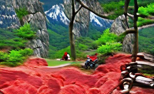 Red motorcycle riding through a beautiful mountain park man ...