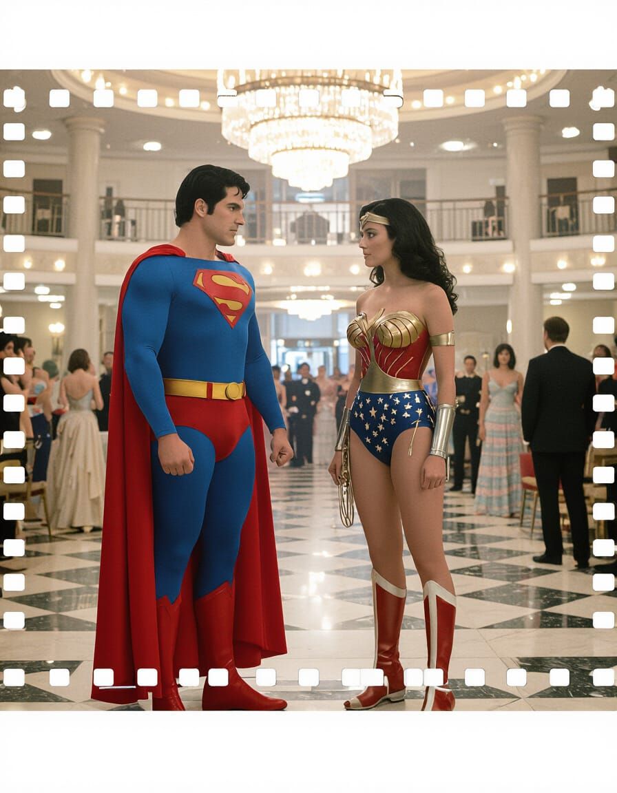 1978 Superman meets 1977 Wonder Woman in the ballroom of the Daily Planet with The Daily Planet the background in a prom...